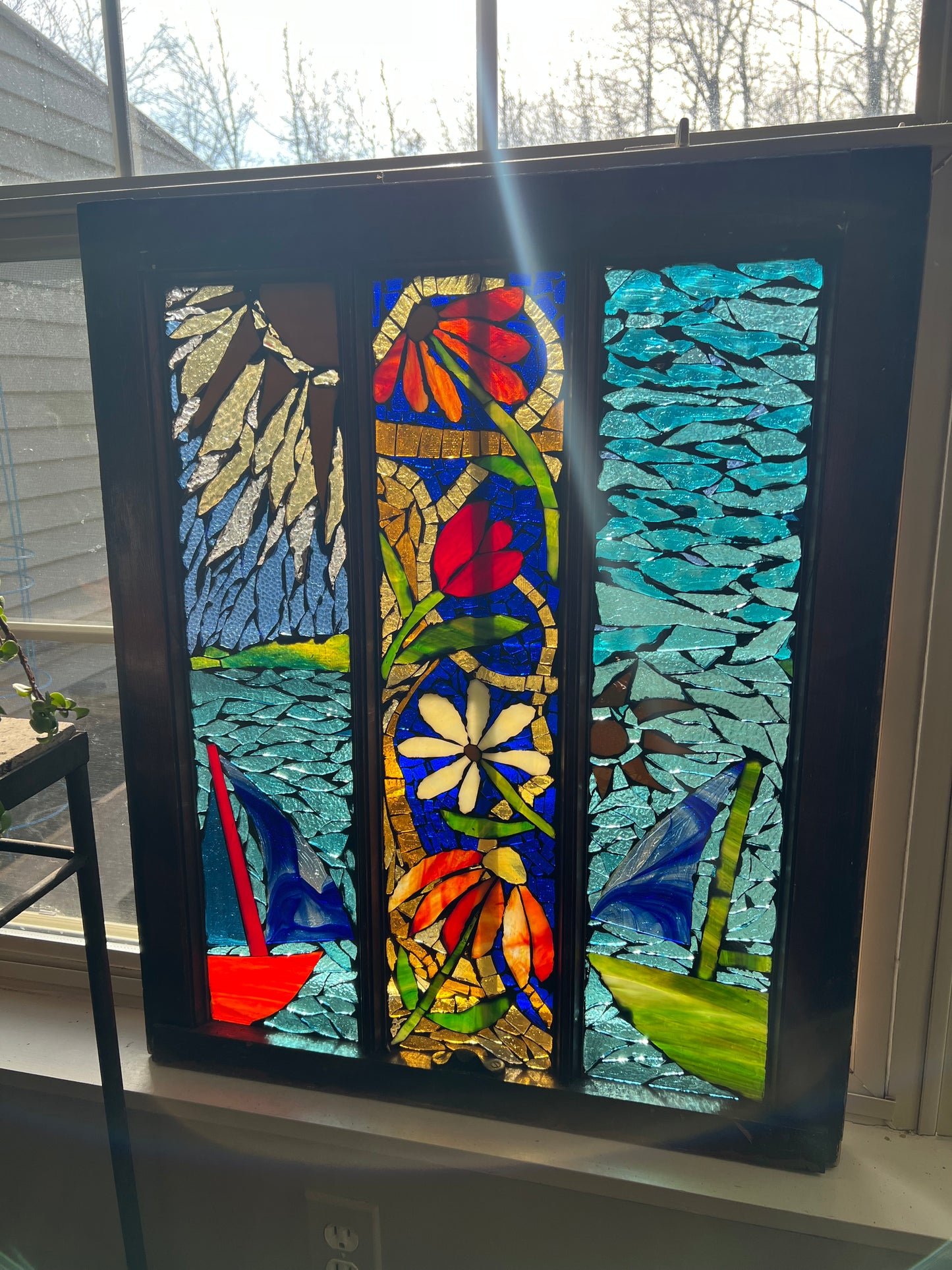 Handmade Cathedral Glass Mosaic Window - vintage Glass in Antique Frame