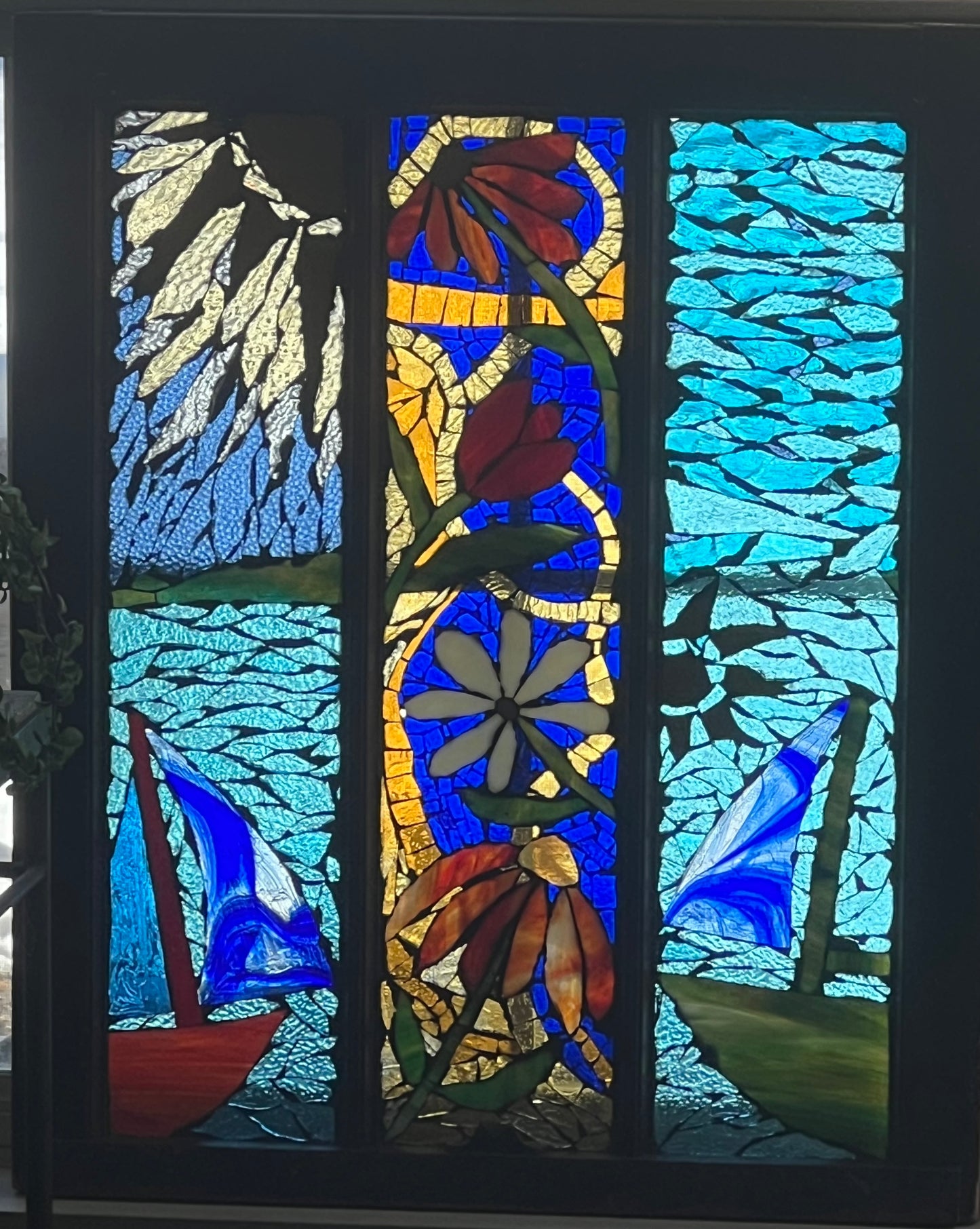 Handmade Cathedral Glass Mosaic Window - vintage Glass in Antique Frame