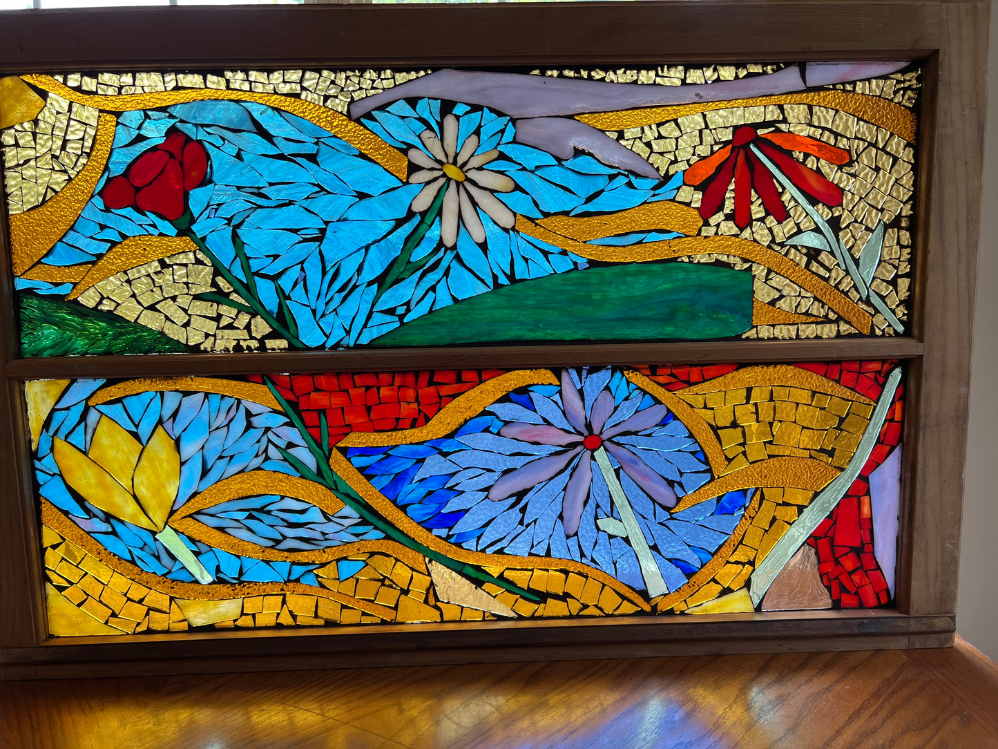 Handmade Cathedral Glass Mosaic Window - vintage Glass in Antique Frame