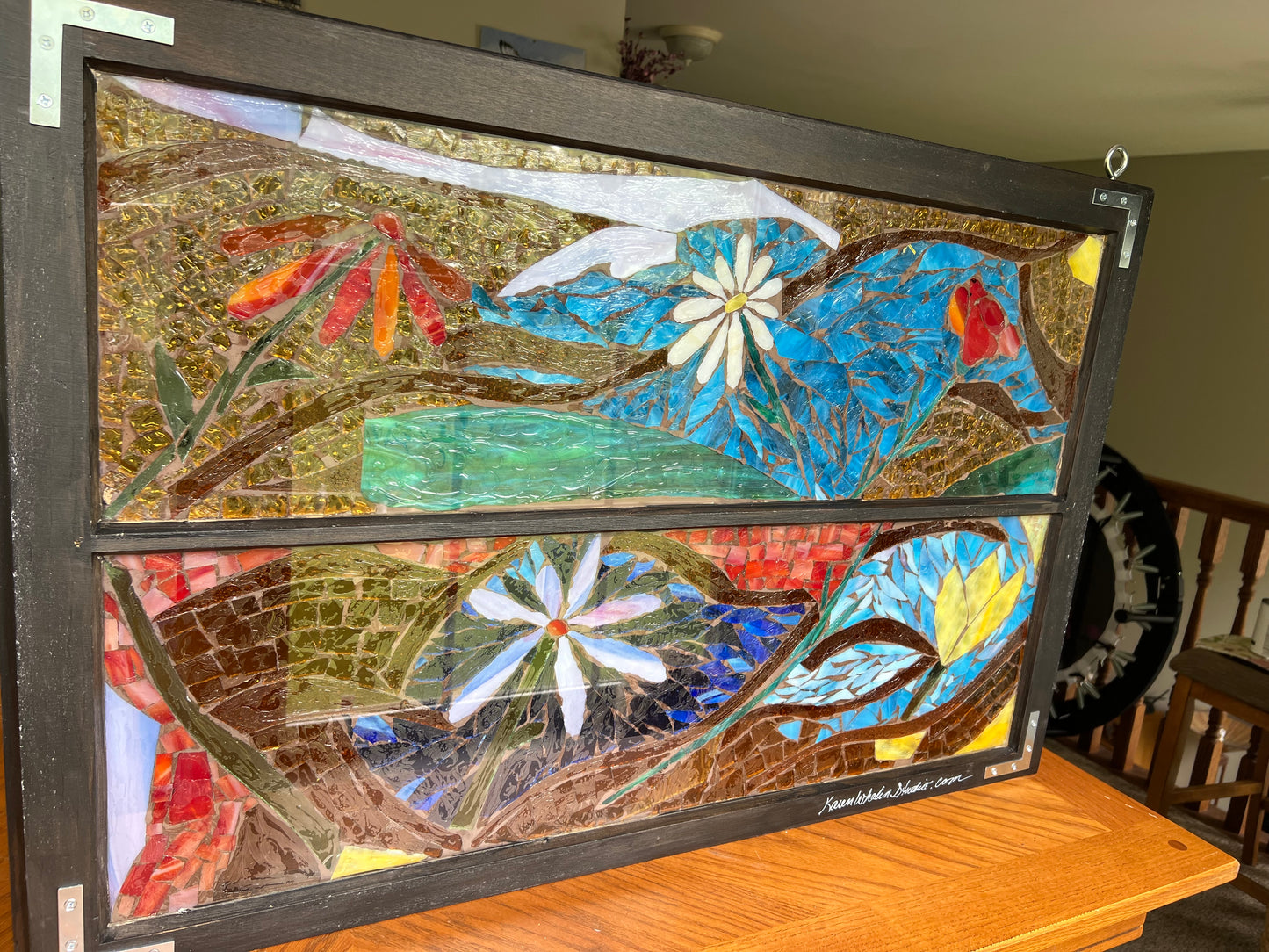 Handmade Cathedral Glass Mosaic Window - vintage Glass in Antique Frame